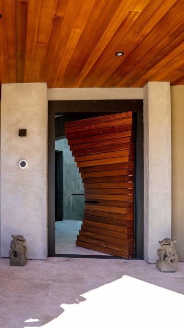 Morpheus Door pivot design by David Yang with cascading fanned wood slats — project 035 by Whitebird Woodcraft